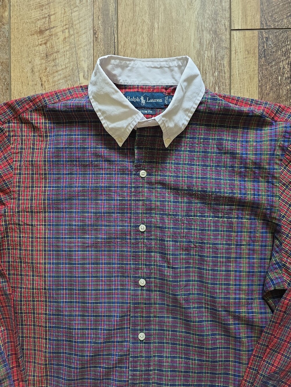 Ralph Lauren - Vintage 90s Contrast Collar Mixed Tartan Fun Shirt - 16 L - Red